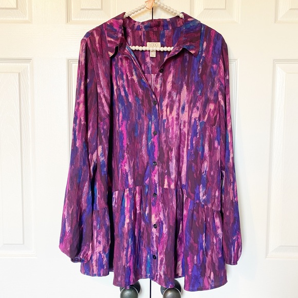 LOGO by Lori Goldstein Collared Button Front Watercolor Vibrant Peplum Blouse - Picture 2 of 11